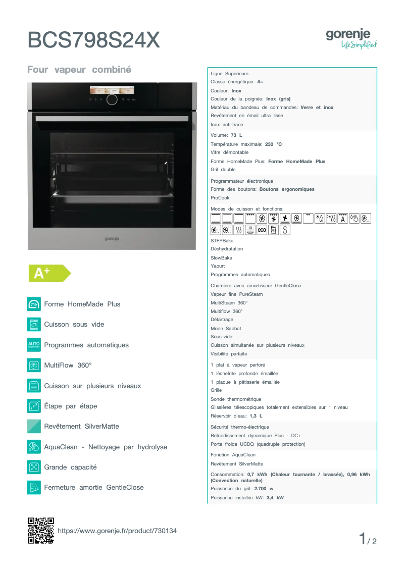 Page n°1 - Fiche technique Gorenje BCS798S24X