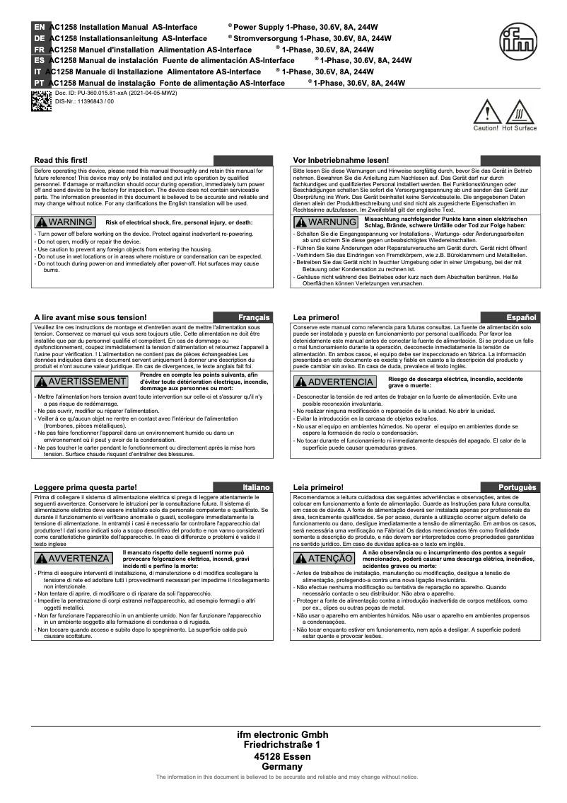 Page 1 de la notice Manuel utilisateur IFM AC1258