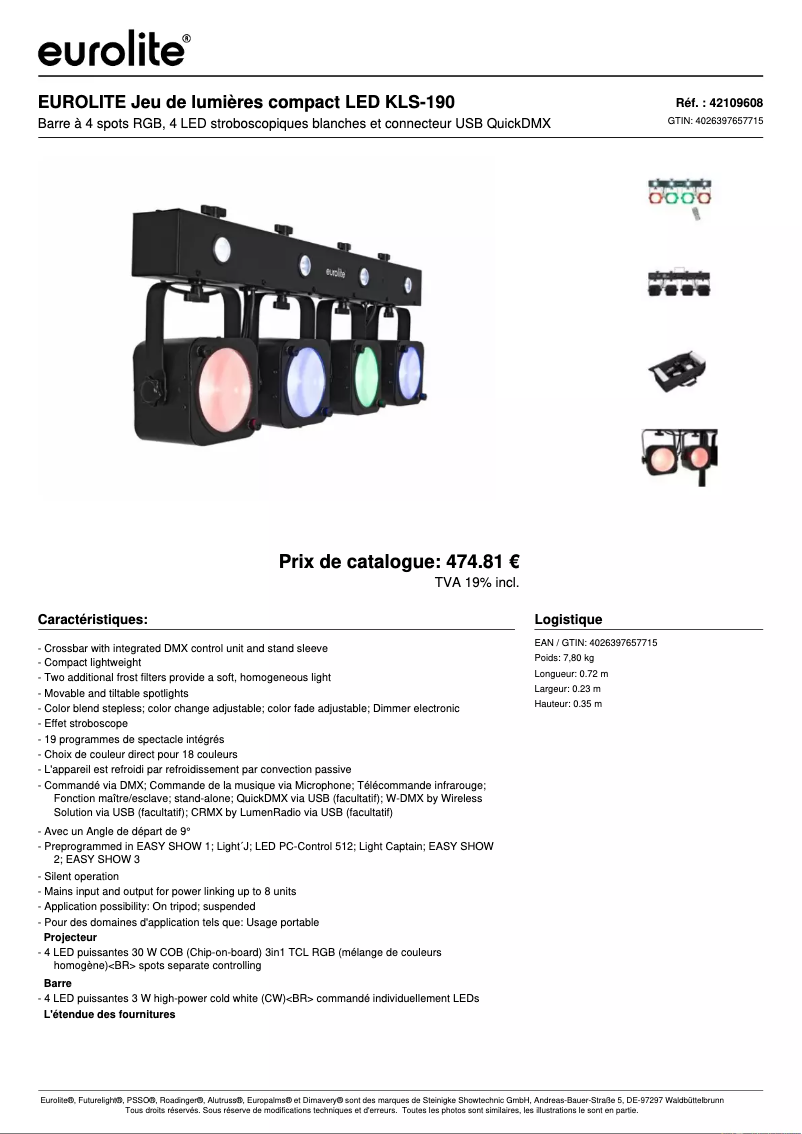 Page 1 de la notice Fiche technique Eurolite LED KLS-190