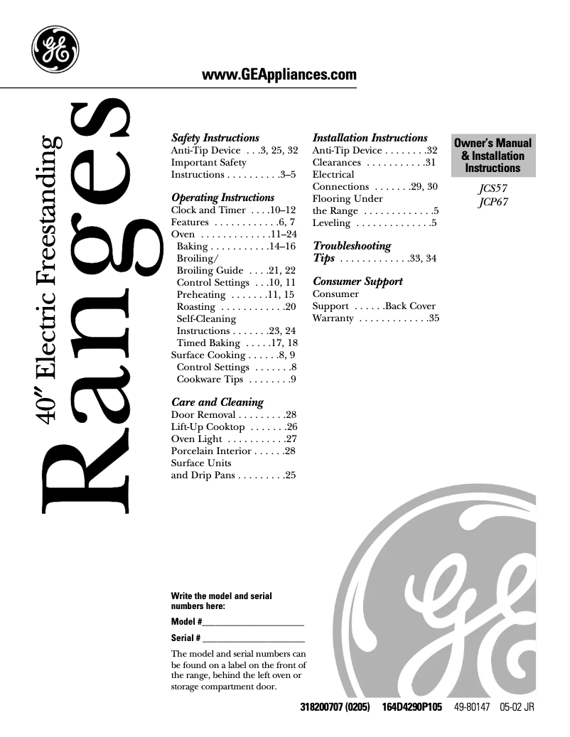 Page 1 of the manual Use and Maintenance Manual GE JCP67YWW