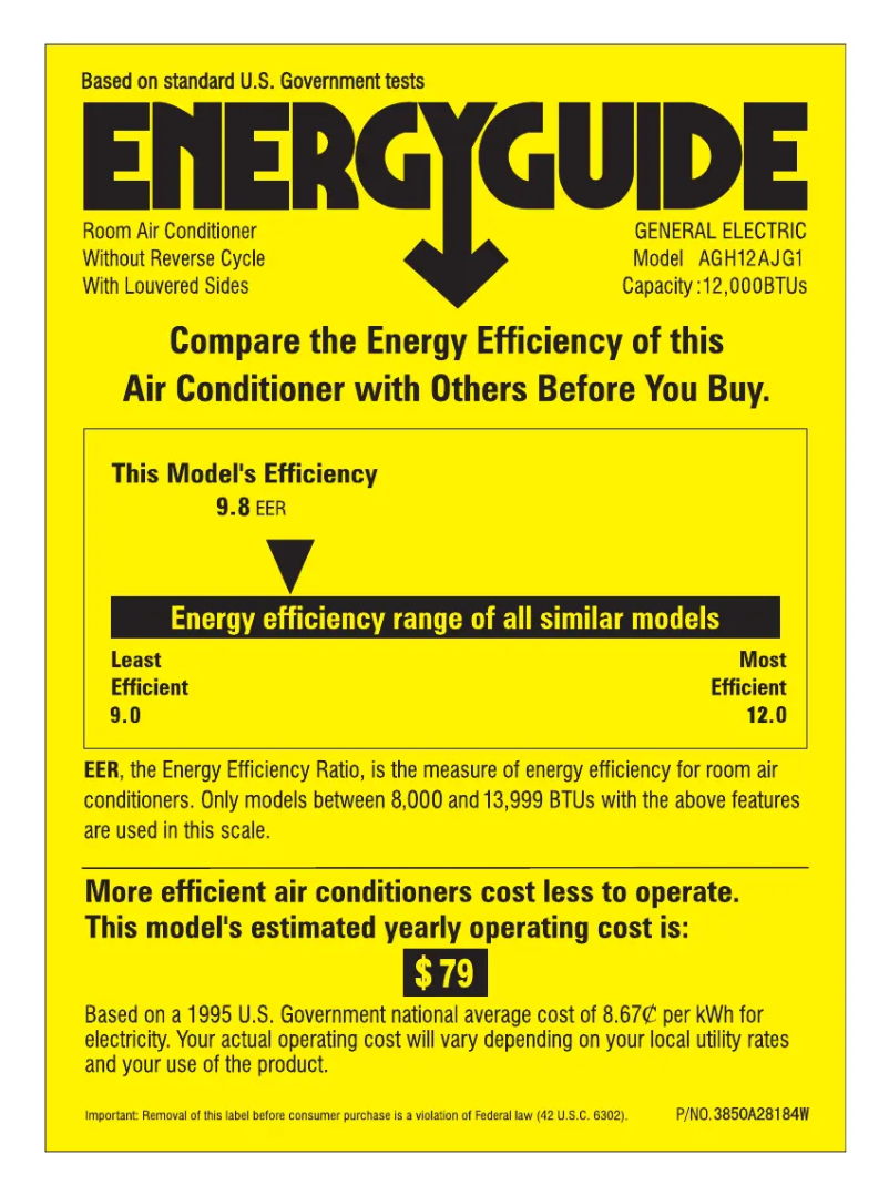 Page 1 de la notice Label énergétique GE AGH12AJ