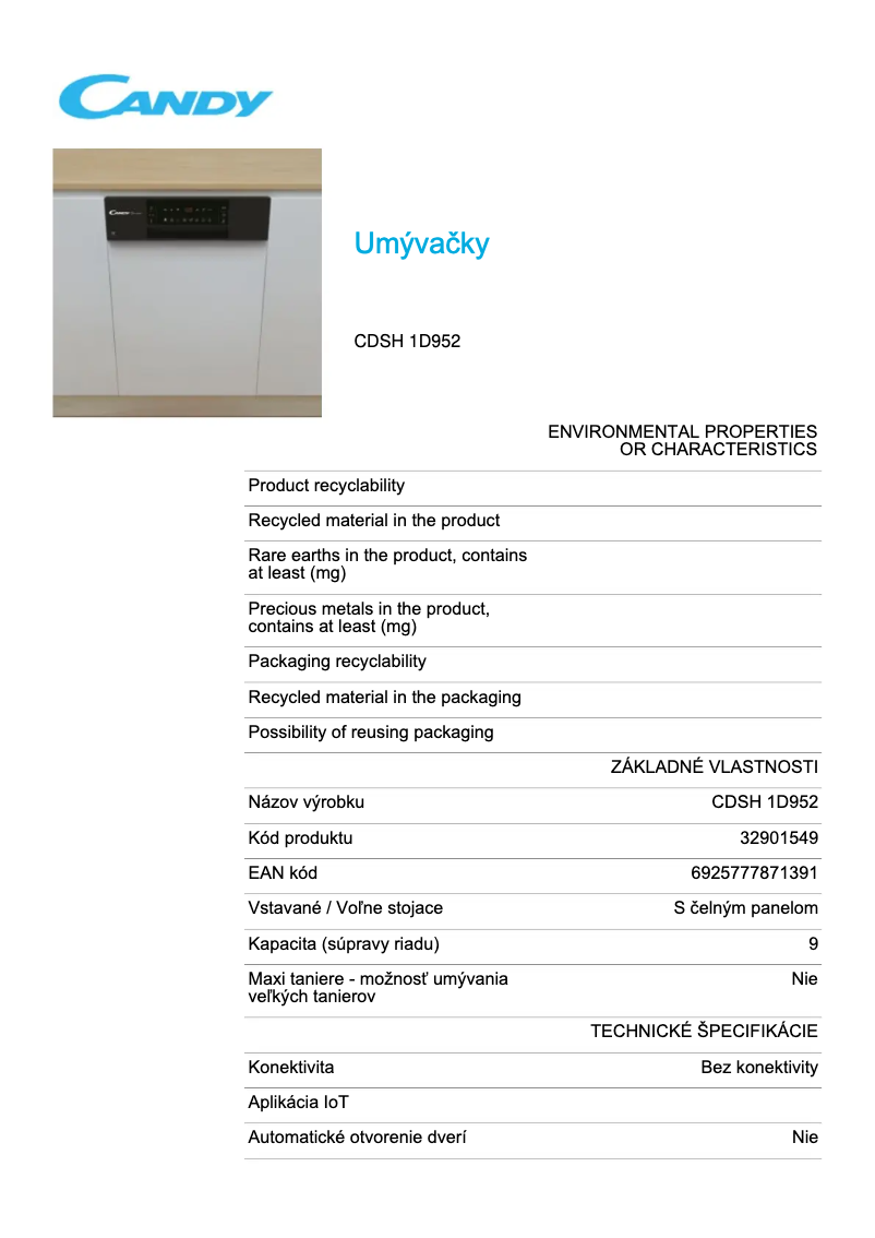 Page 1 de la notice Fiche technique Candy CDSH 1D952