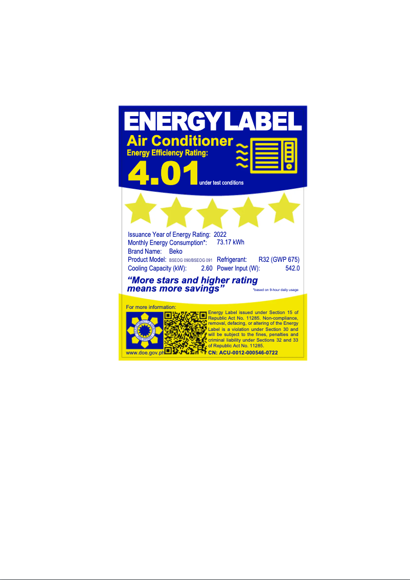 Page 1 de la notice Label énergétique Beko BSEOG 090