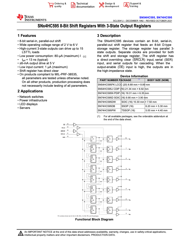 Page 1 de la notice Manuel utilisateur Texas Instruments SN74HC595N