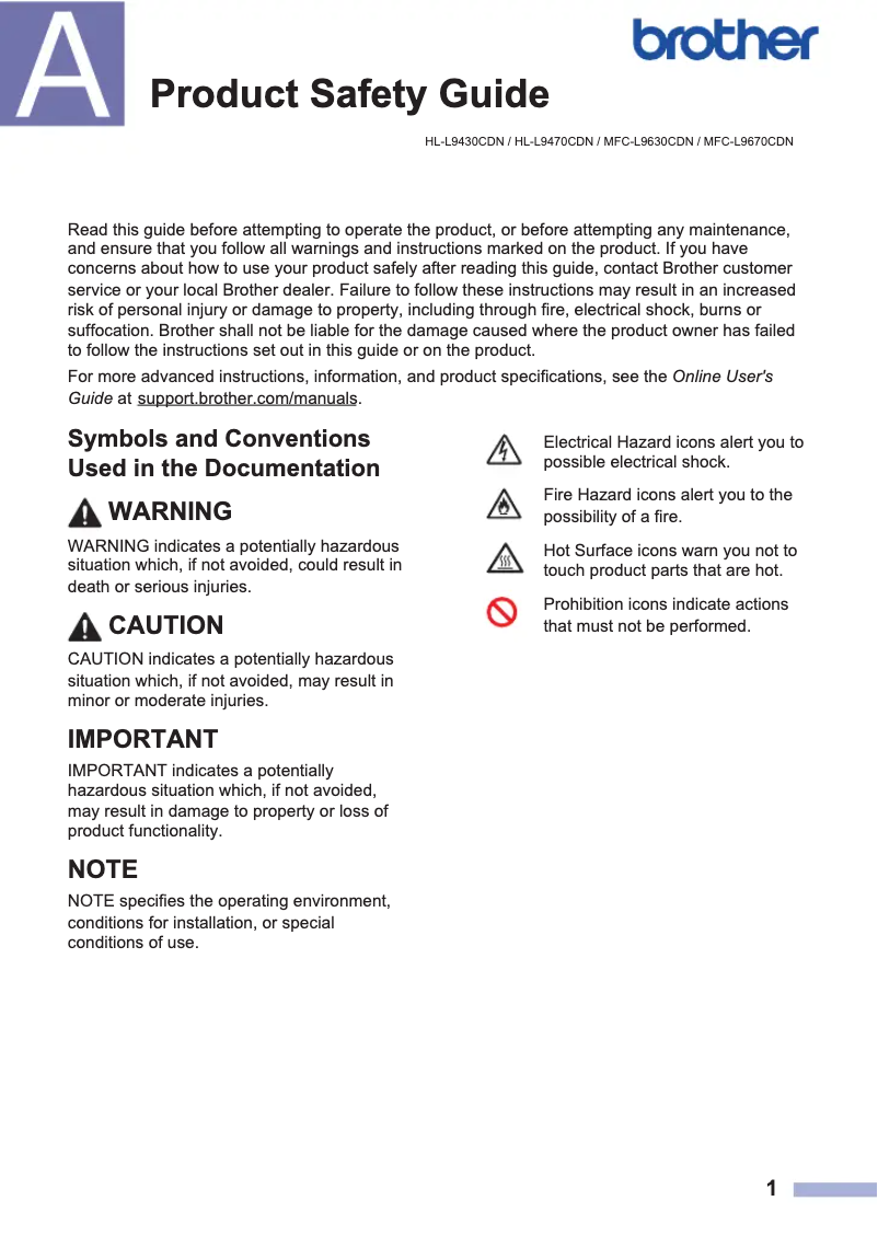 Page n°1 - Instructions de sécurité Brother MFC-L9630CDN