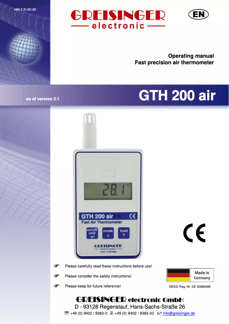 Page 1 de la notice Manuel utilisateur Greisinger GTH 200 air