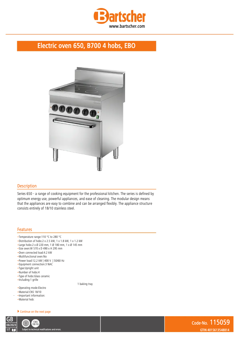 Page 1 de la notice Fiche technique Bartscher 115059