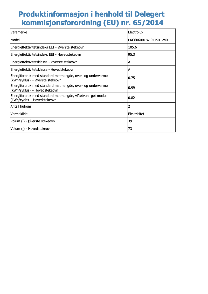 Page 1 de la notice Fiche technique Electrolux EKC6060BOW