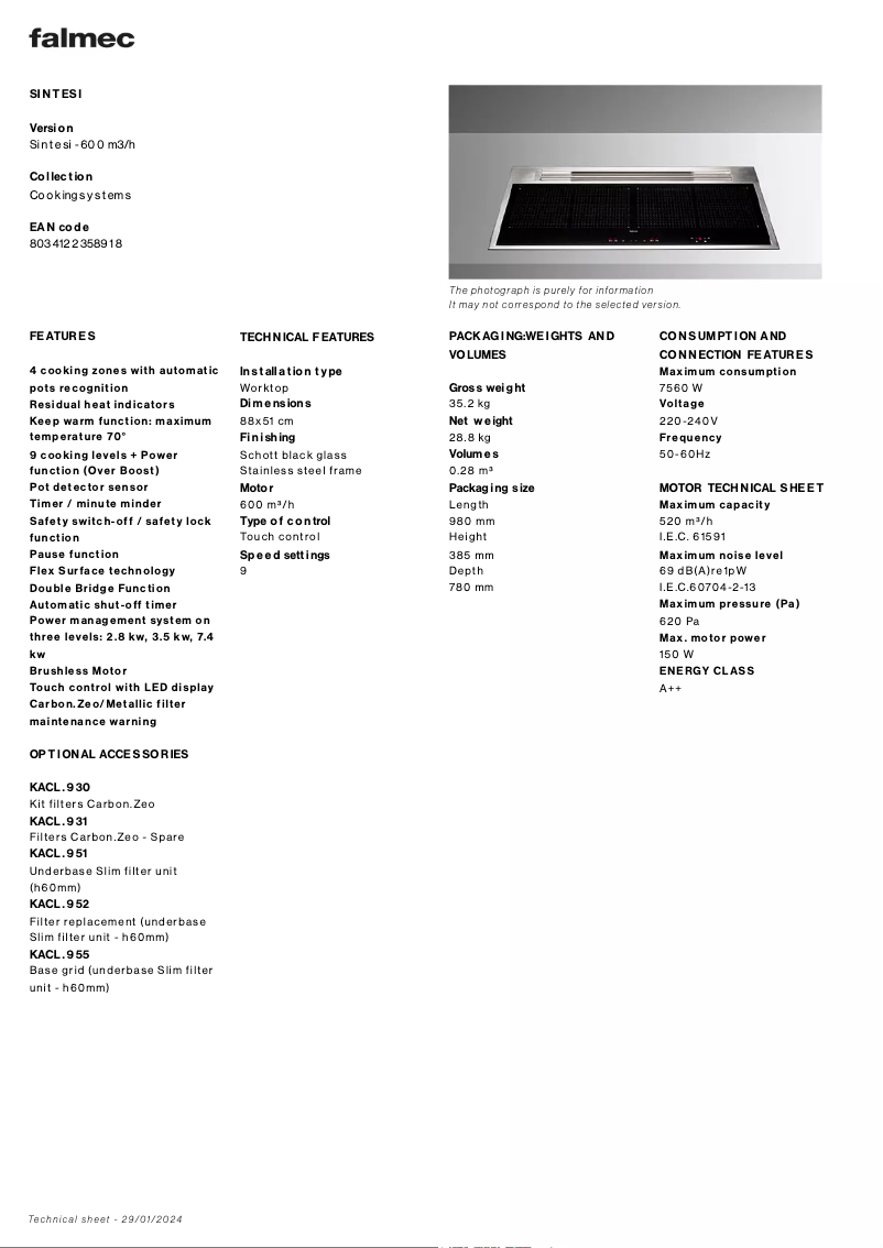 Page 1 de la notice Fiche technique Falmec Sintesi