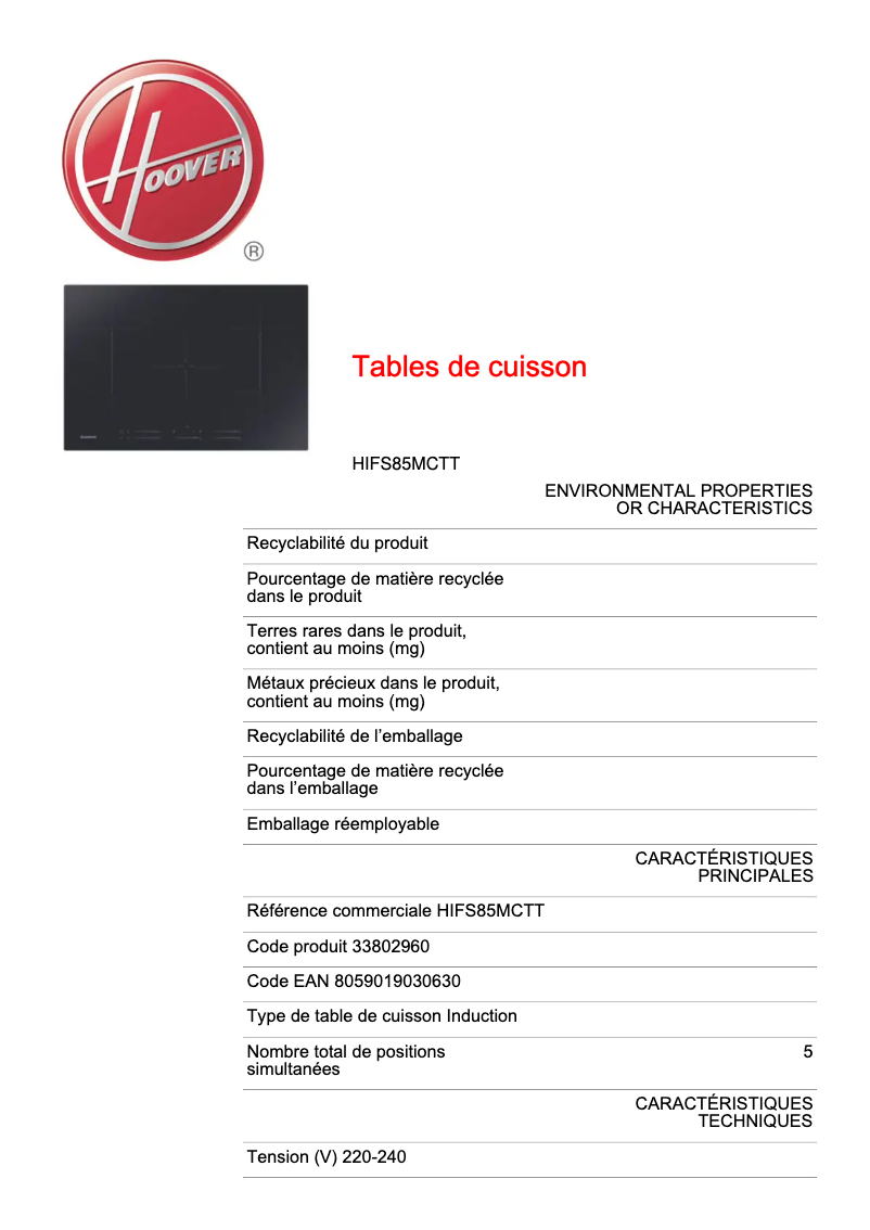 Page n°1 - Fiche technique Hoover H-HOB 700 HIFS85MCTT
