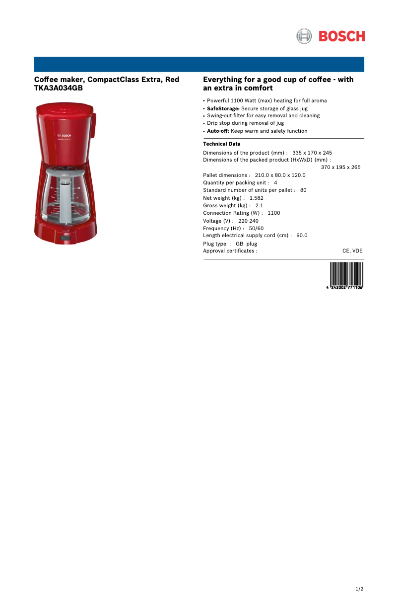 Page n°1 - Fiche technique Bosch TKA3A034GB
