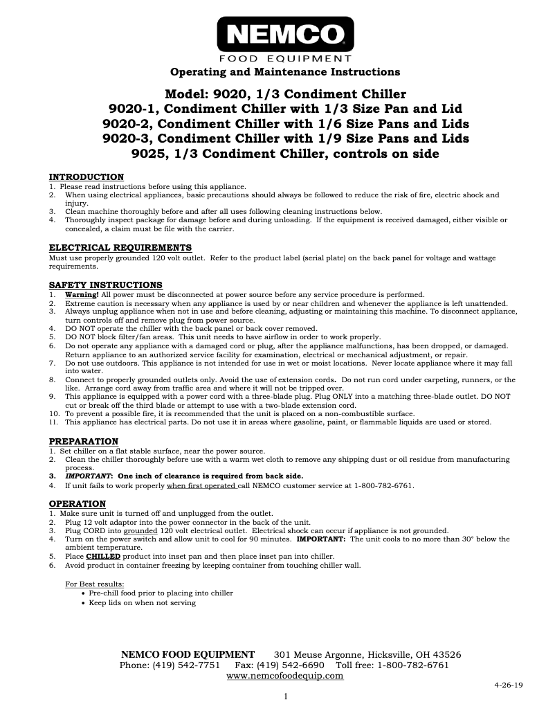 Page 1 de la notice Manuel utilisateur Nemco 9020-1