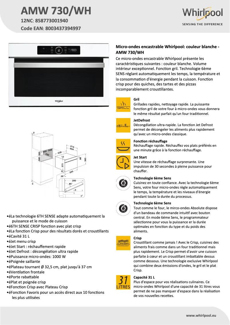 Page 1 de la notice Fiche technique Whirlpool AMW 730 WH