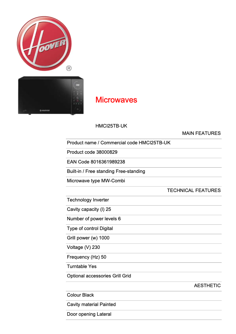 Page 1 of the manual Technical Sheet Hoover CHEFVOLUTION HMGI25TB-UK