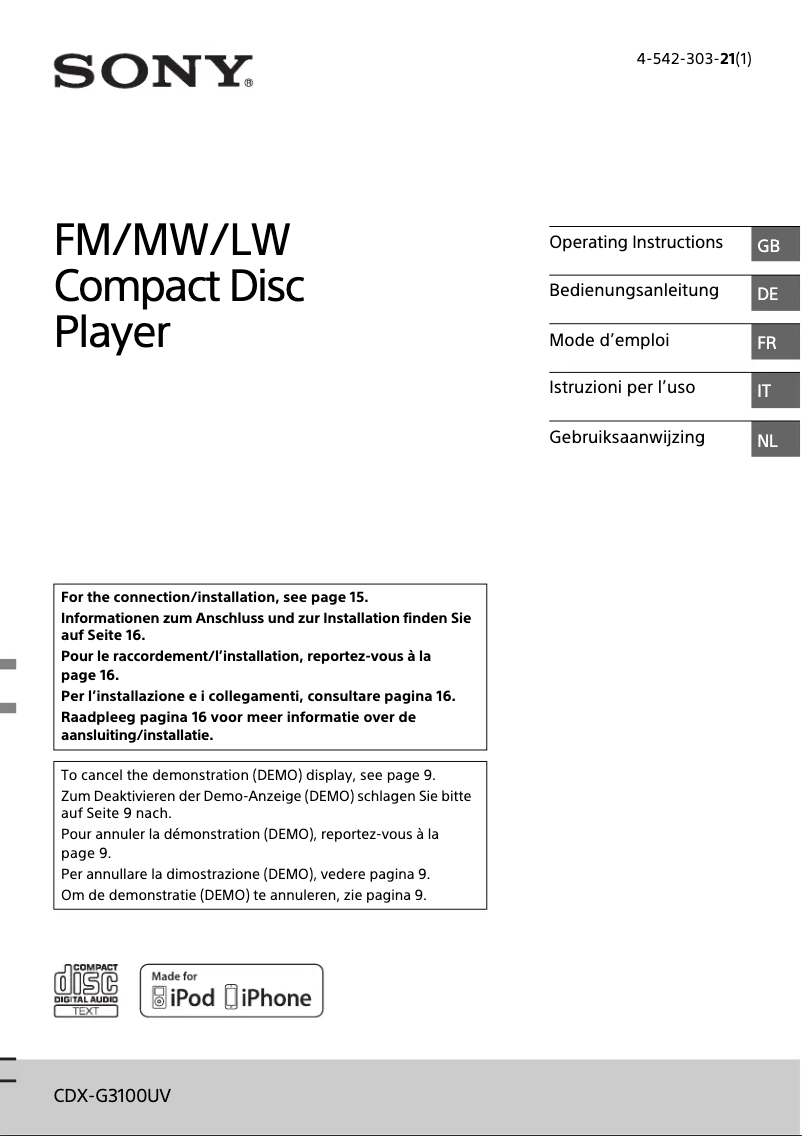Image de la première page du manuel de l'appareil CDX-G3100UV