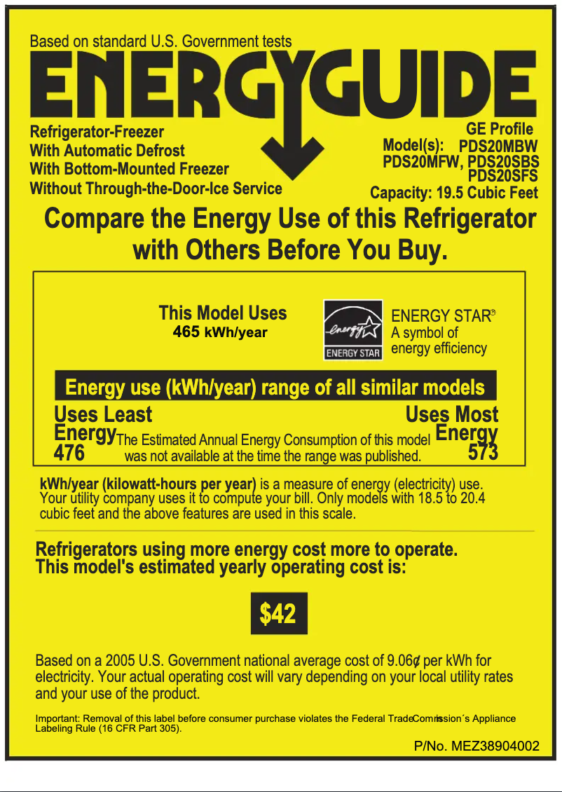 Page 1 de la notice Label énergétique GE Profile PDS20SBSLSS