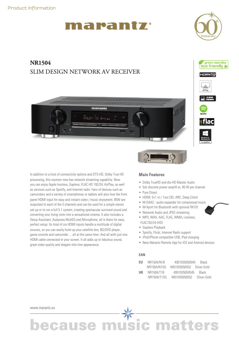 Page 1 de la notice Fiche technique Marantz NR1504
