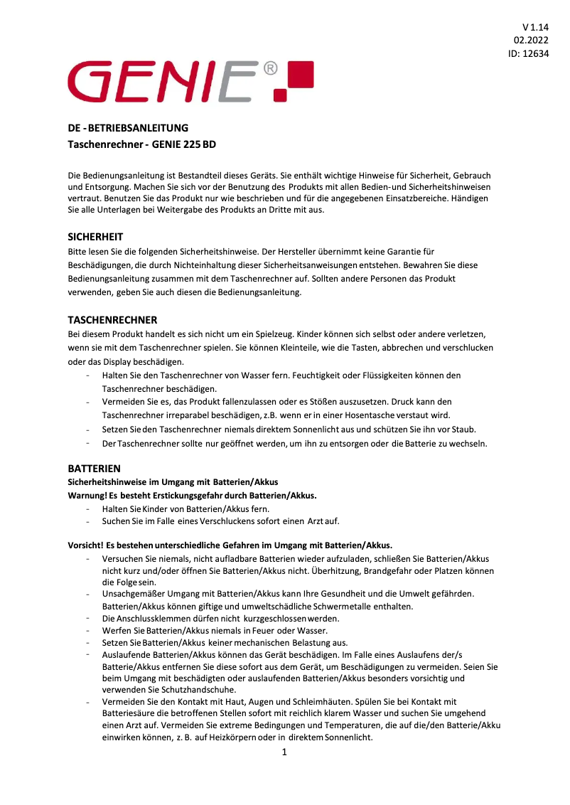 Page 1 de la notice Manuel utilisateur Genie 225 BD