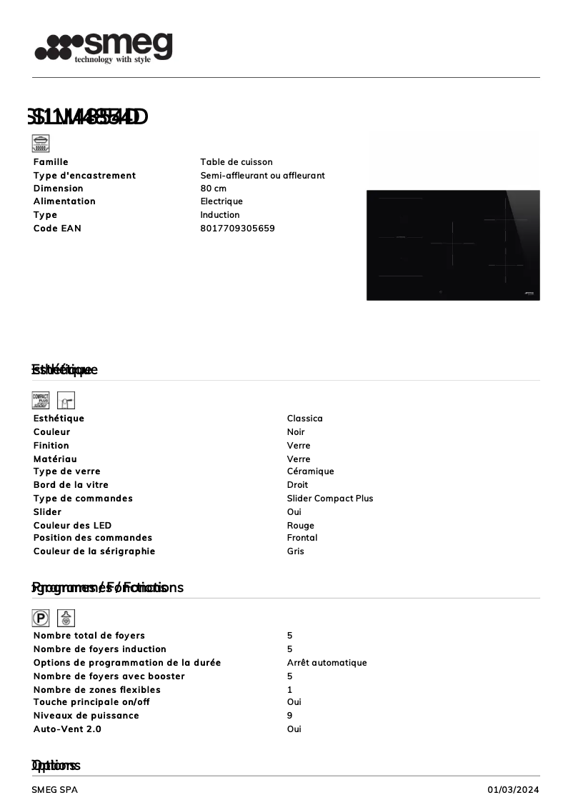Page 1 de la notice Fiche technique Smeg SI1M4854D