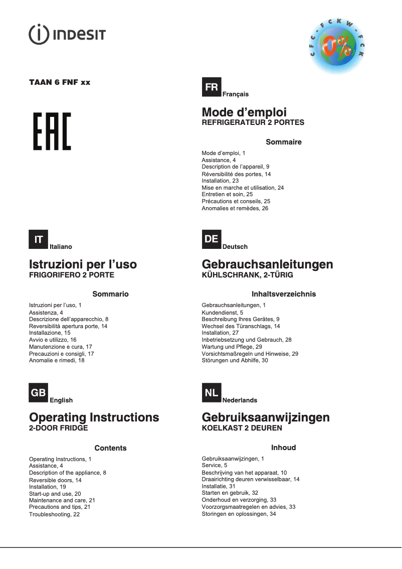 Page n°1 - Manuel utilisateur Indesit TAAN 6 FNF1