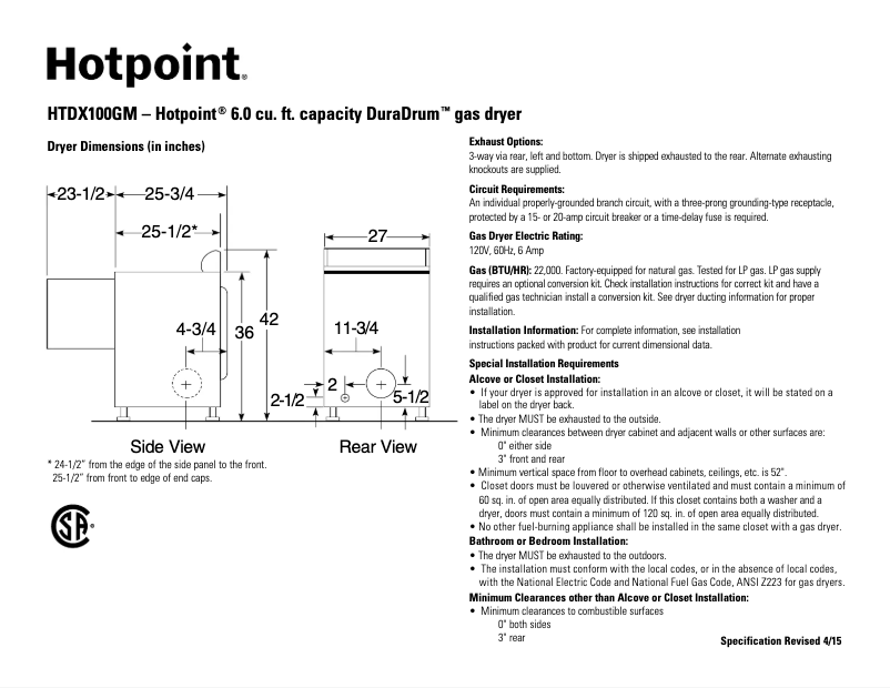 Page n°1 - Fiche technique Hotpoint HTDX100GMWW
