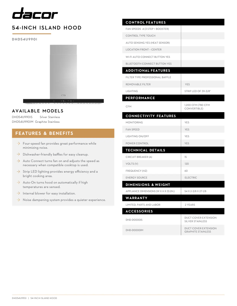 Page 1 de la notice Fiche technique Dacor DHD54U990IM