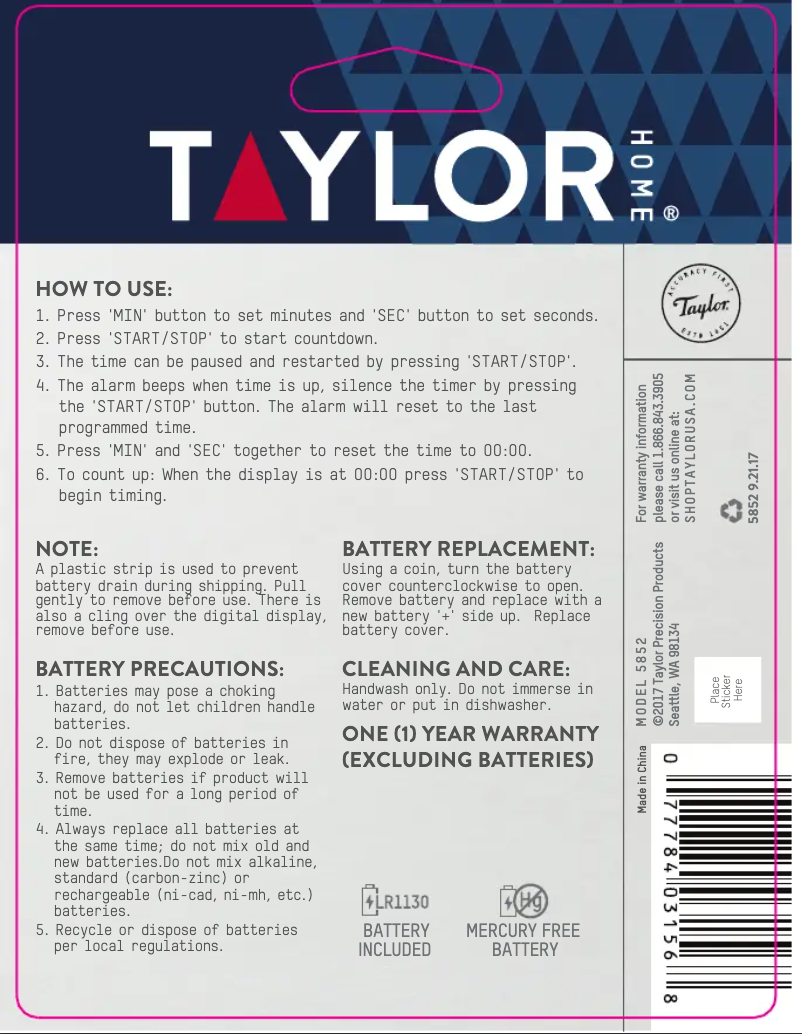 Page 1 de la notice Manuel utilisateur Taylor 5852