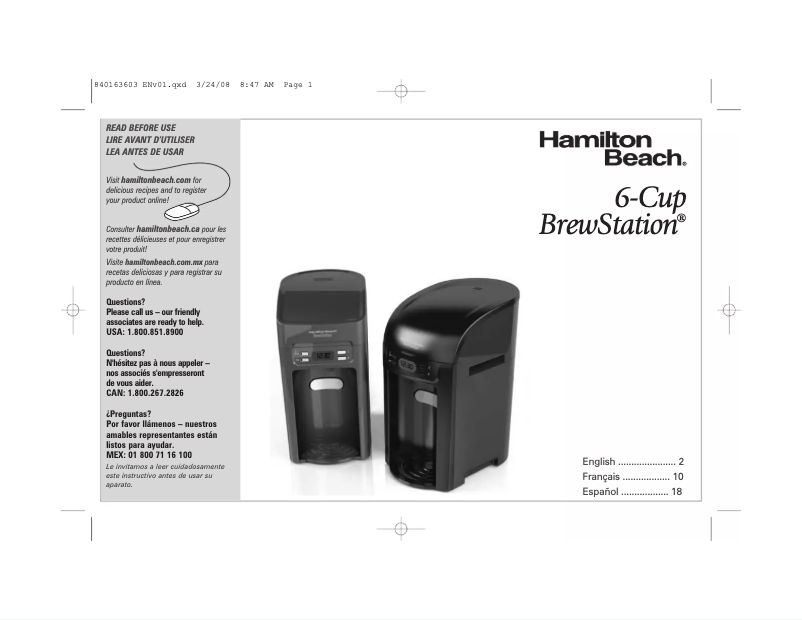 Page 1 de la notice Manuel utilisateur Hamilton Beach 6-Cup BrewStation 48275