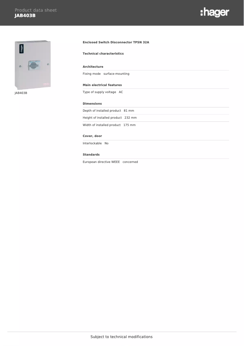 Page n°1 - Manuel utilisateur Hager JAB403B