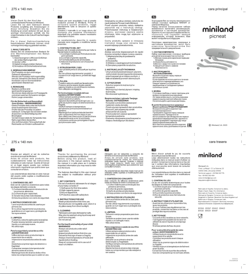 Page 1 de la notice Manuel utilisateur Miniland Picneat Valencia 89597