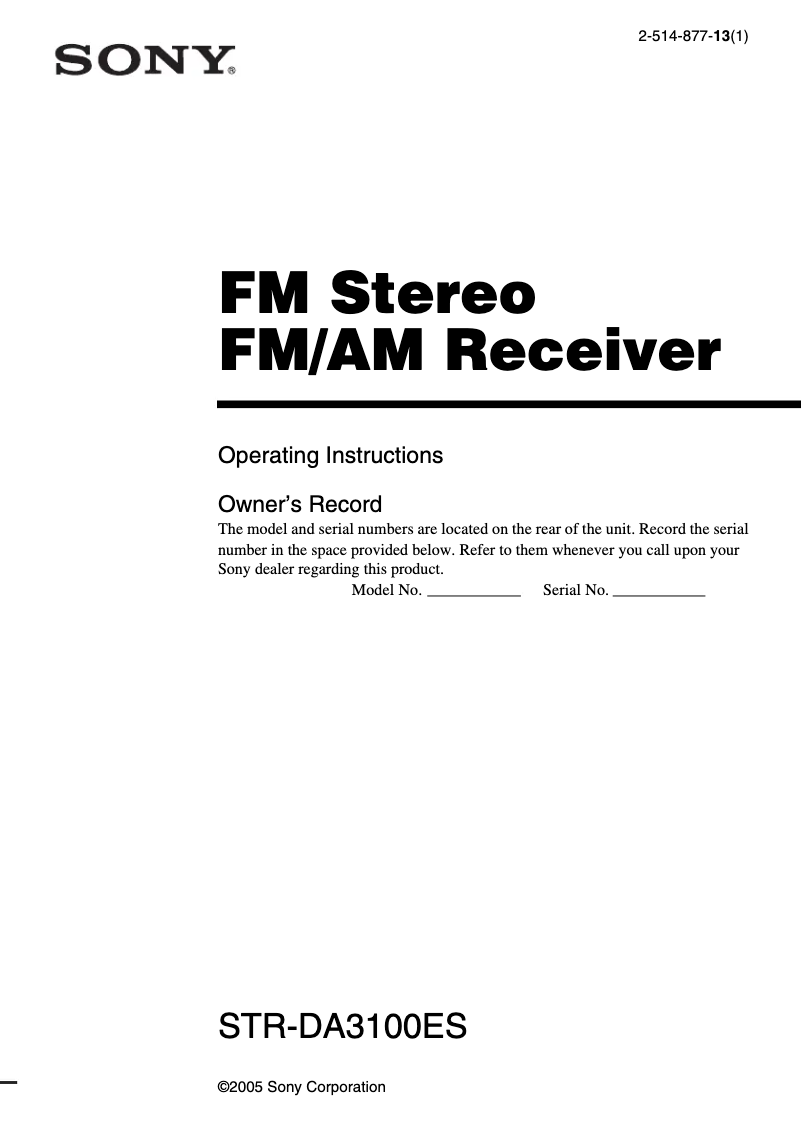 Page 1 de la notice Manuel utilisateur Sony STR-DA3100ES