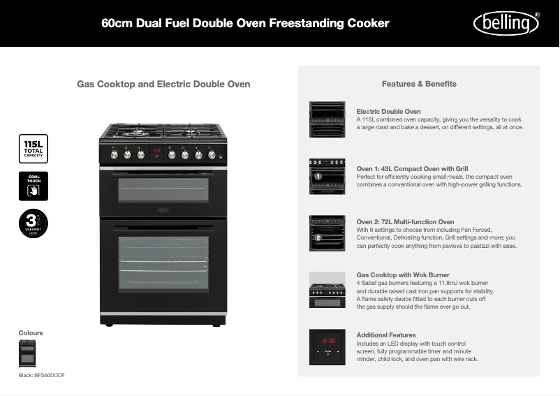 Page 1 de la notice Fiche technique Belling BFS60DODF