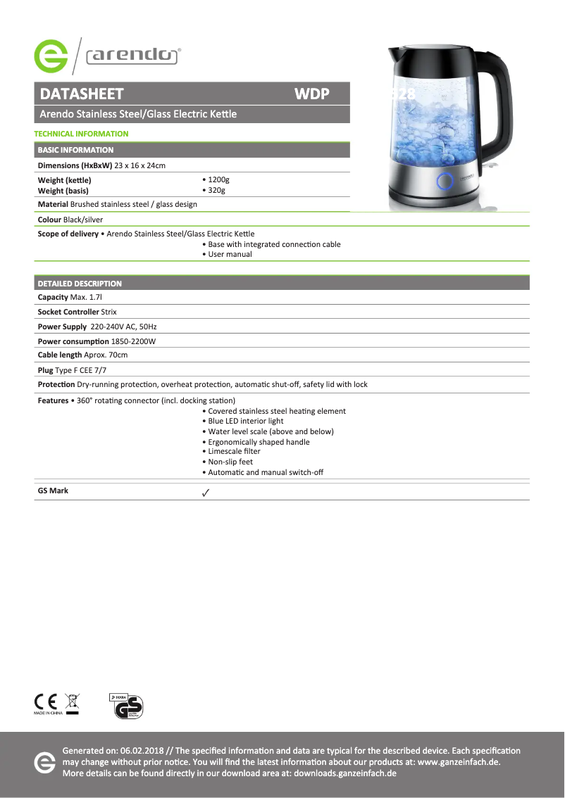 Page 1 de la notice Fiche technique Arendo Primewater 300528