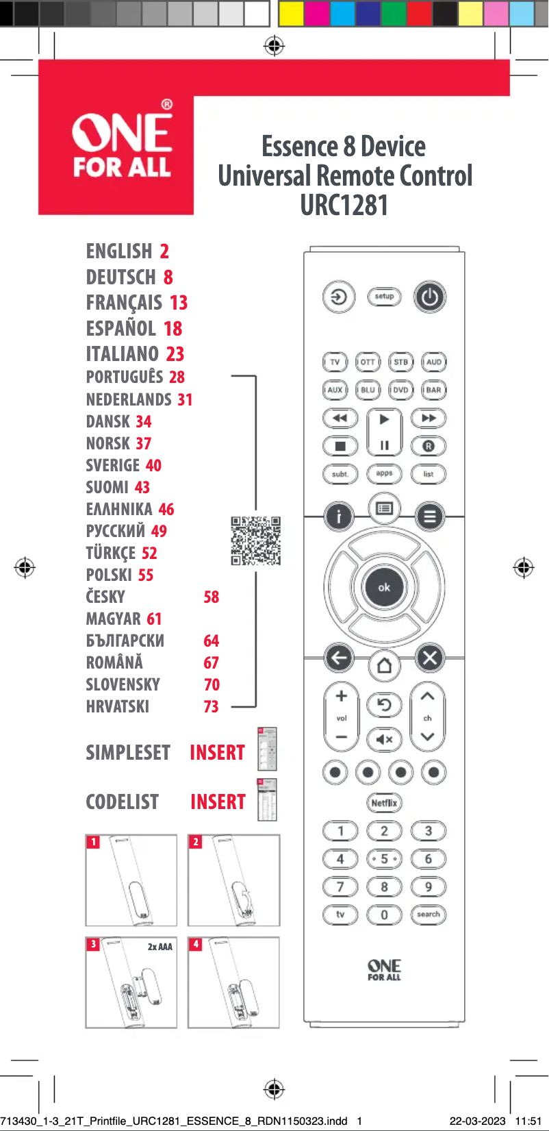 Page 1 de la notice Manuel utilisateur One for all Essence 8 URC 1281