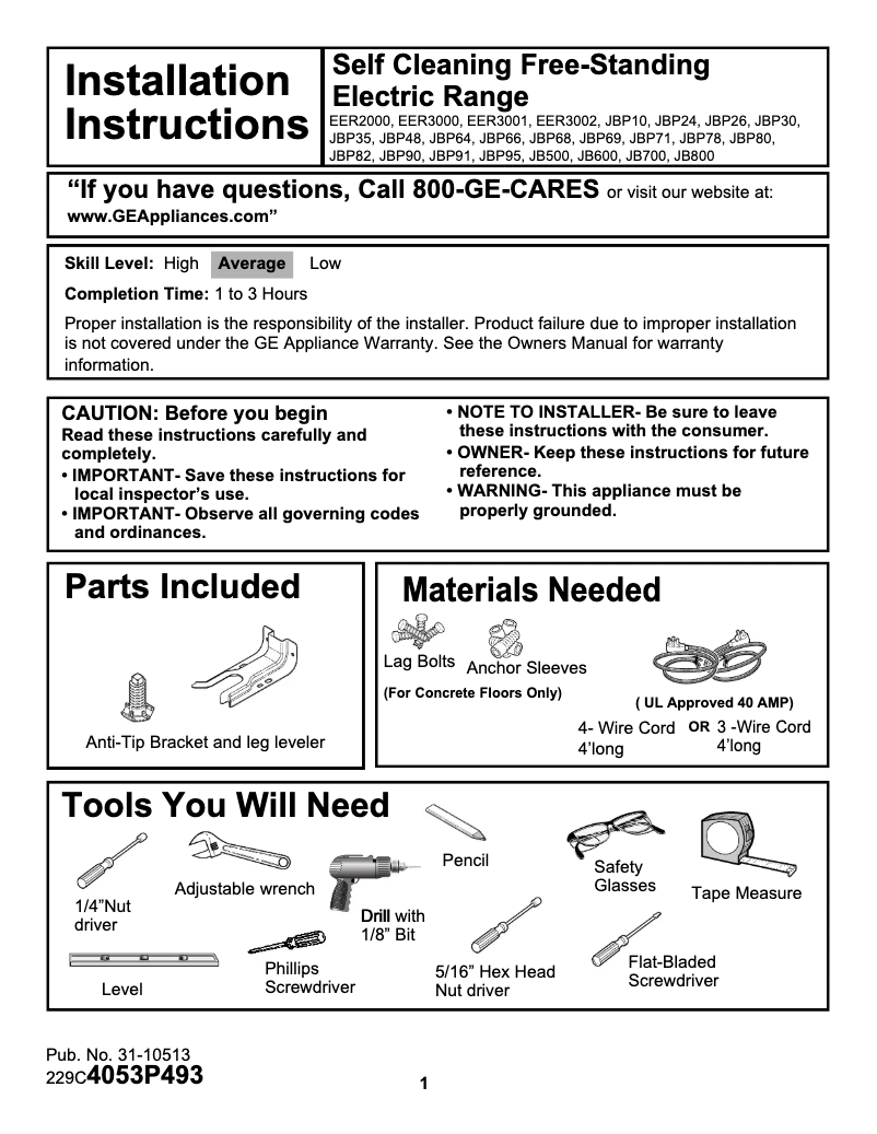 Page 1 de la notice Guide d'installation GE Profile JBP90BFBB