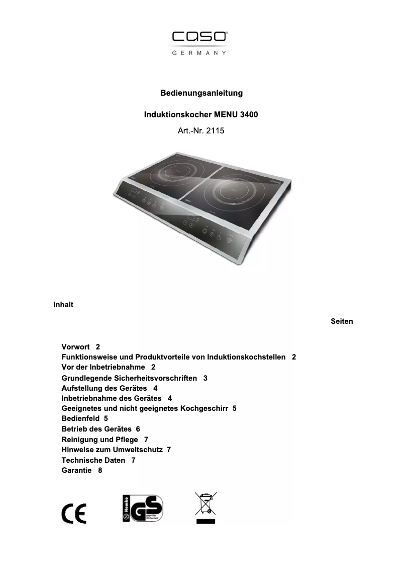 Page n°1 - Manuel utilisateur Caso Menu 3400