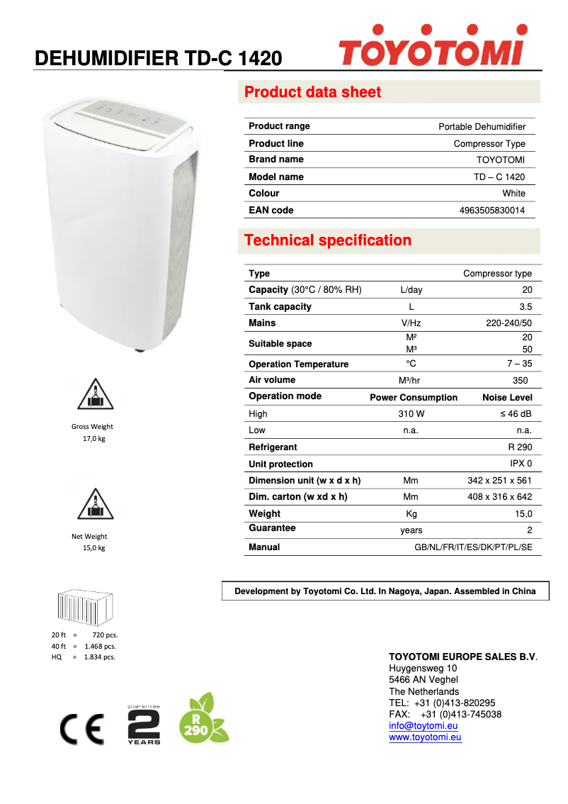Page 1 de la notice Fiche technique Toyotomi TD-C1420