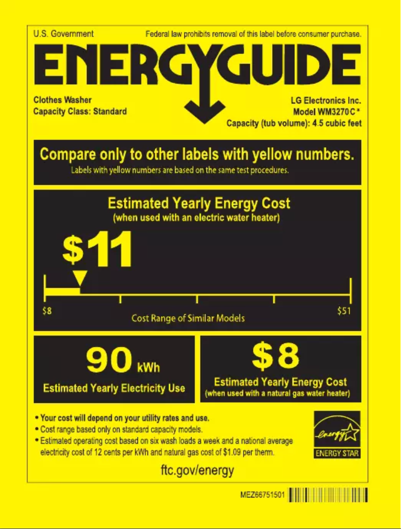 Page 1 de la notice Label énergétique LG WM3270CW