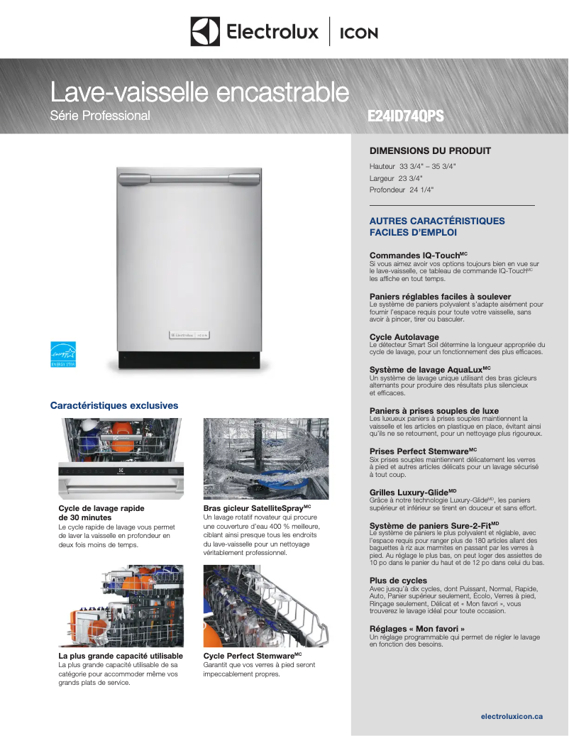 Page 1 de la notice Fiche technique Electrolux E24ID74QPS