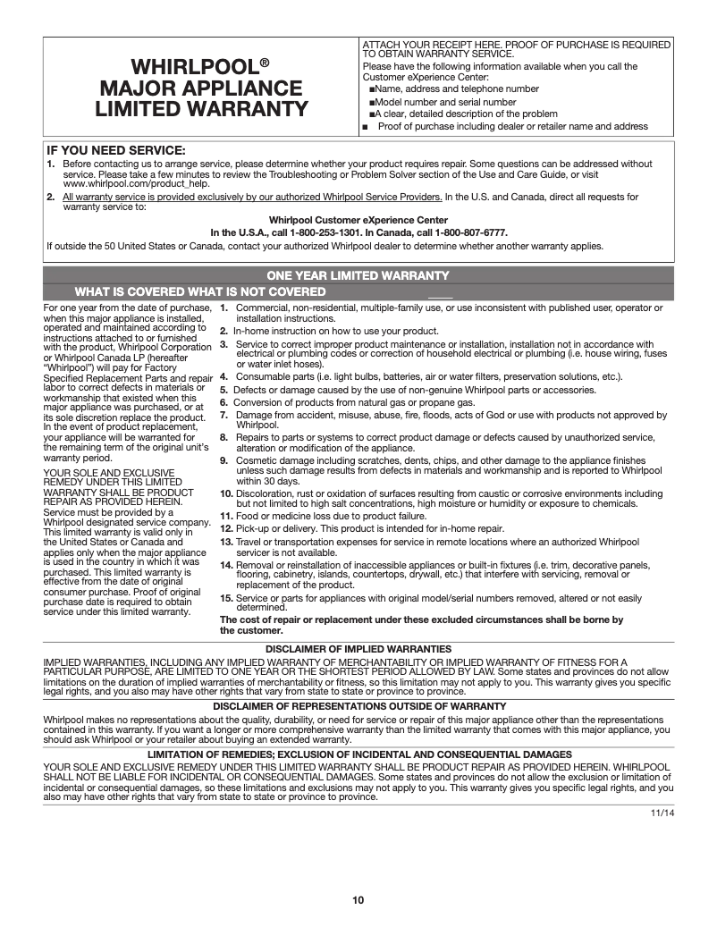 Page 1 de la notice Informations de garantie Whirlpool WML75011HB