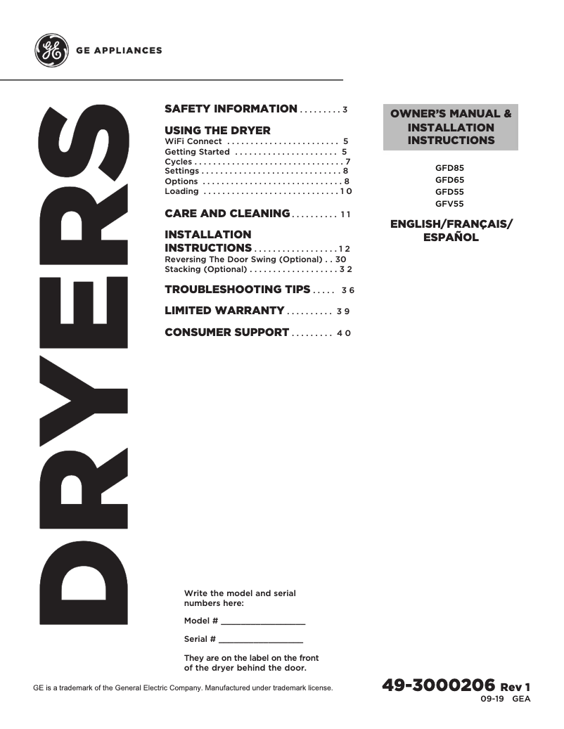 Page n°1 - Manuel utilisateur GE GFD55GSPNDG