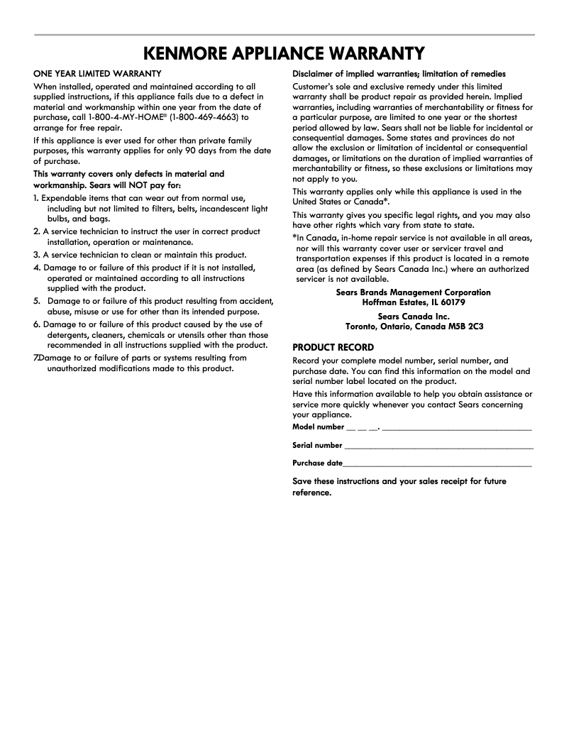 Page n°1 - Manuel utilisateur Kenmore 95013