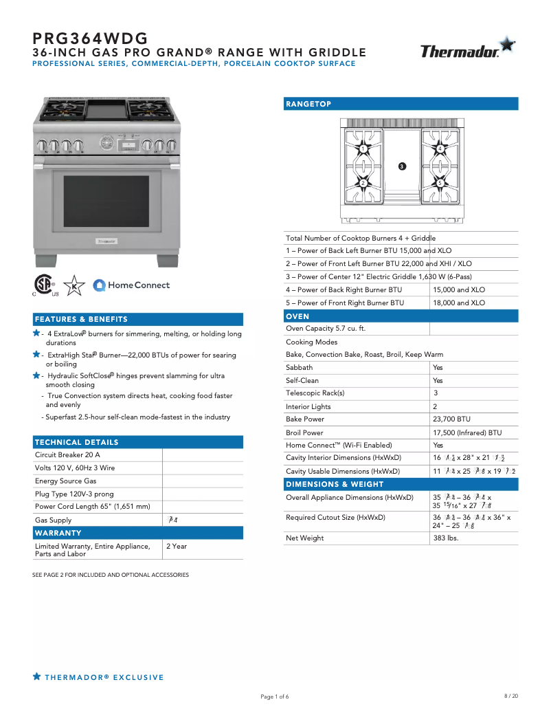 Page 1 de la notice Fiche technique Thermador PRG364WDG