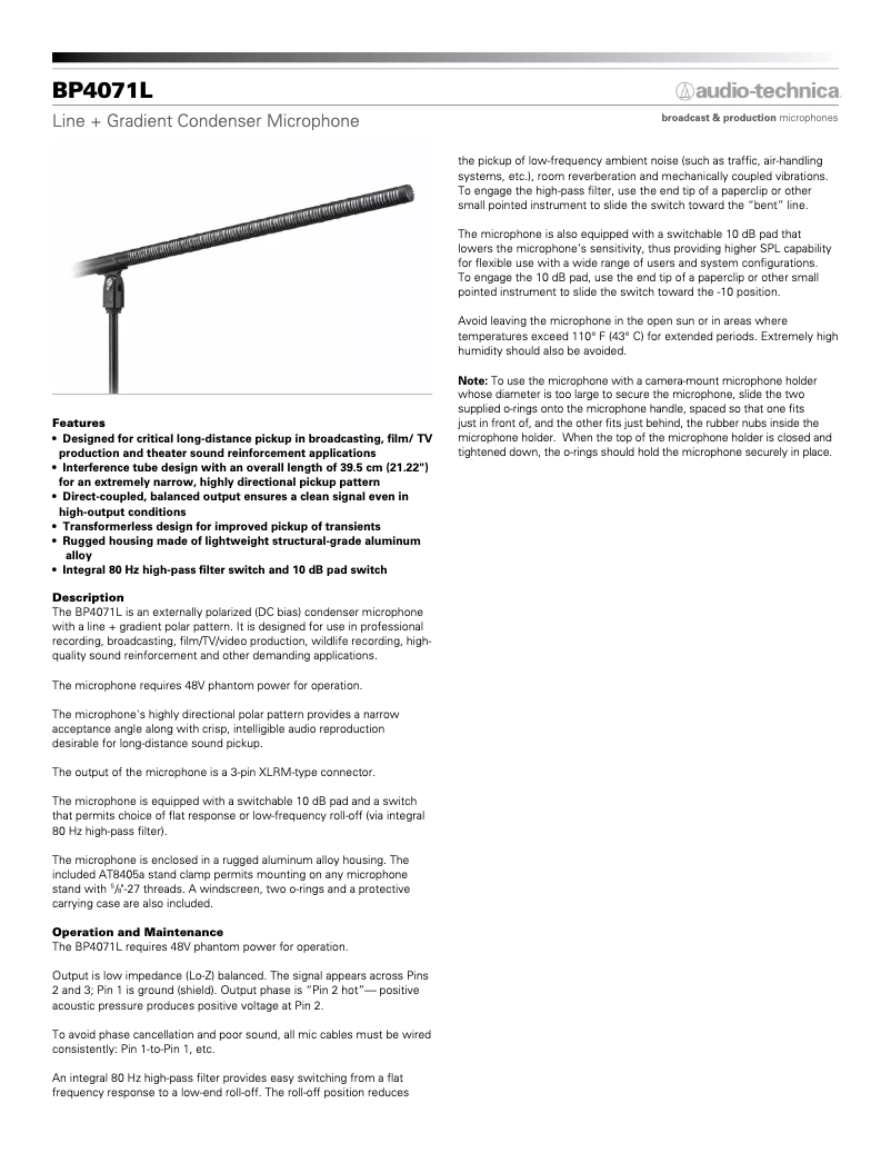 Page n°1 - Fiche technique Audio-Technica BP4071L