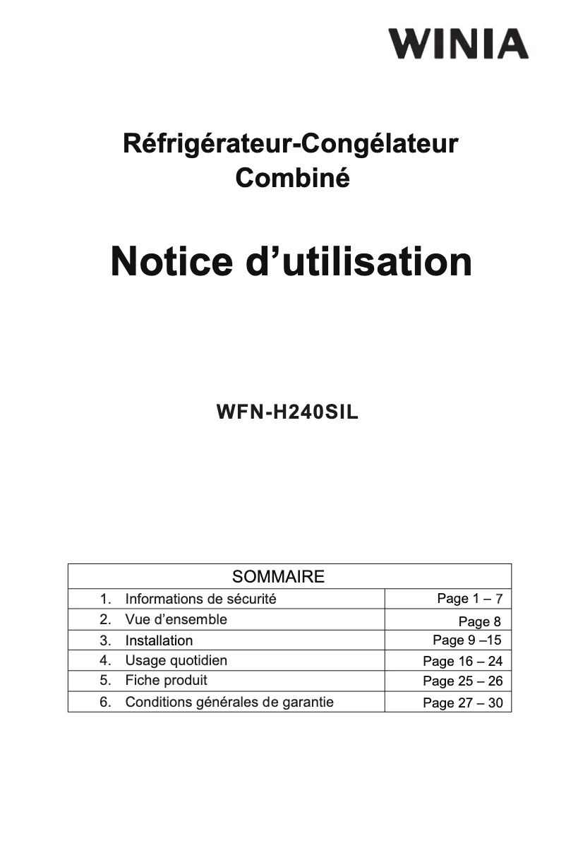 Page 1 de la notice Manuel utilisateur Winia WFN-H240SIL