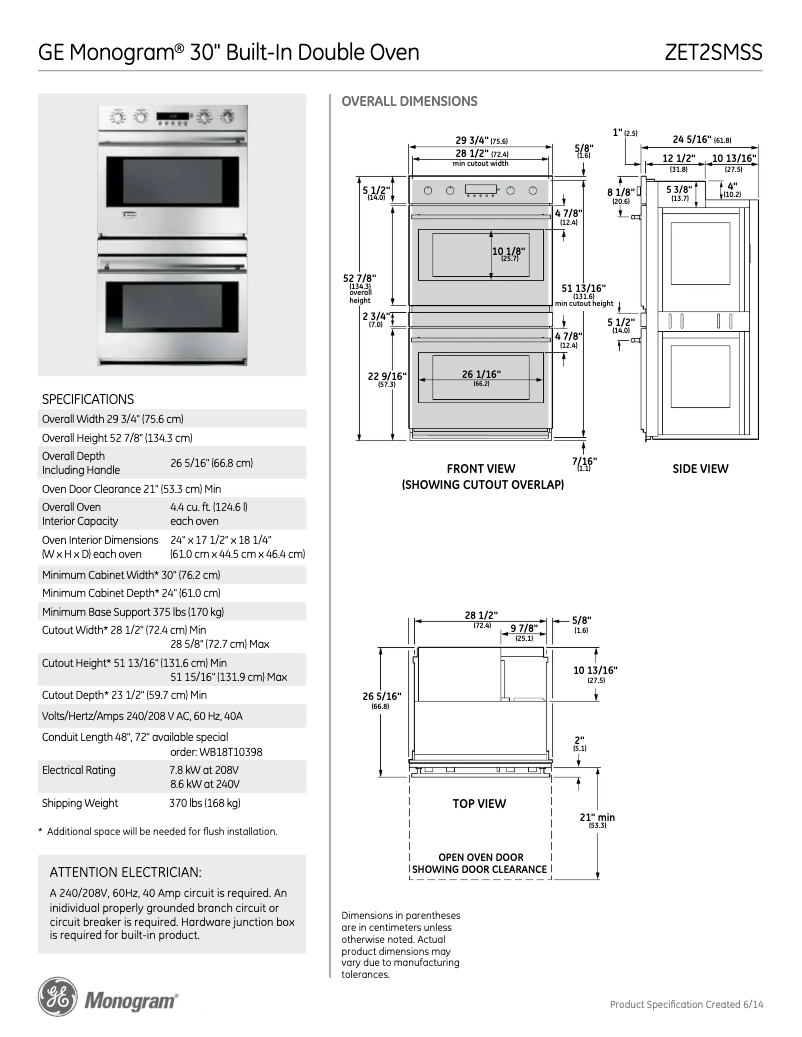 Page 1 de la notice Fiche technique GE ZET2SMSS
