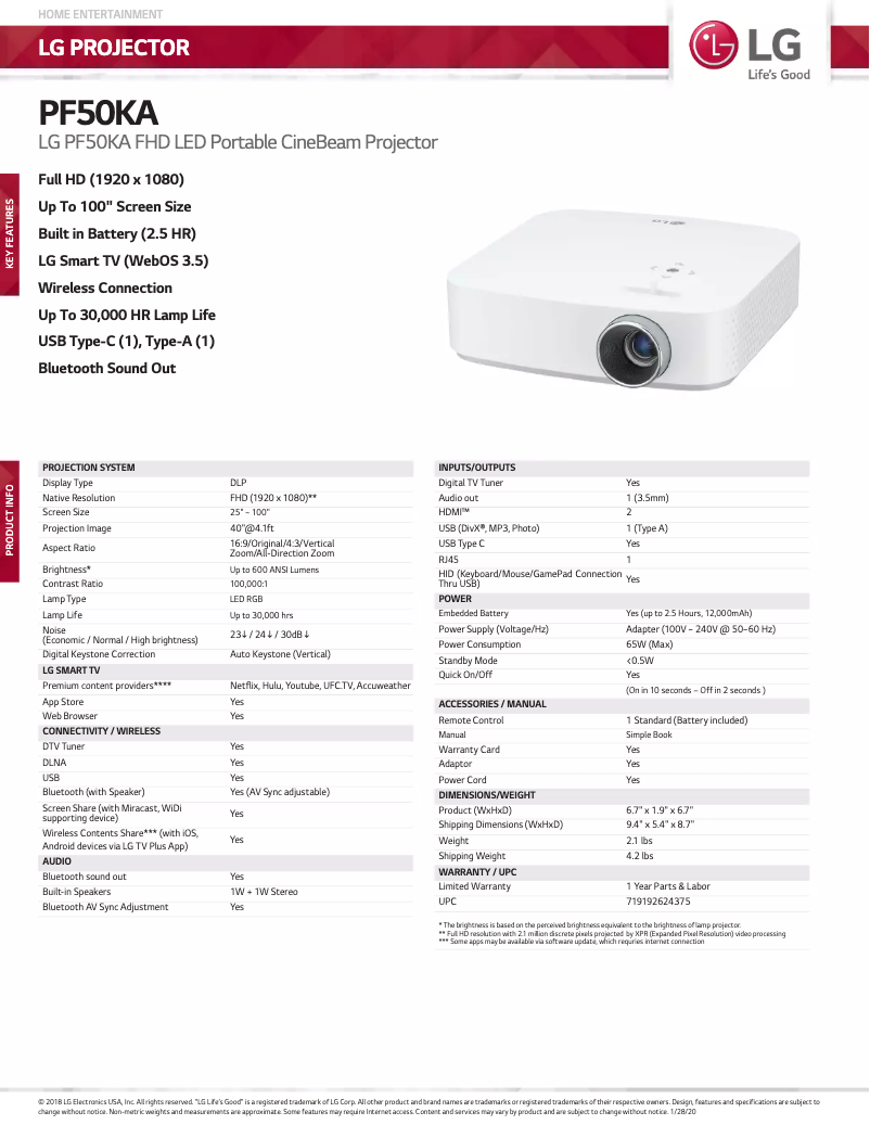 Page 1 de la notice Fiche technique LG PF50KA