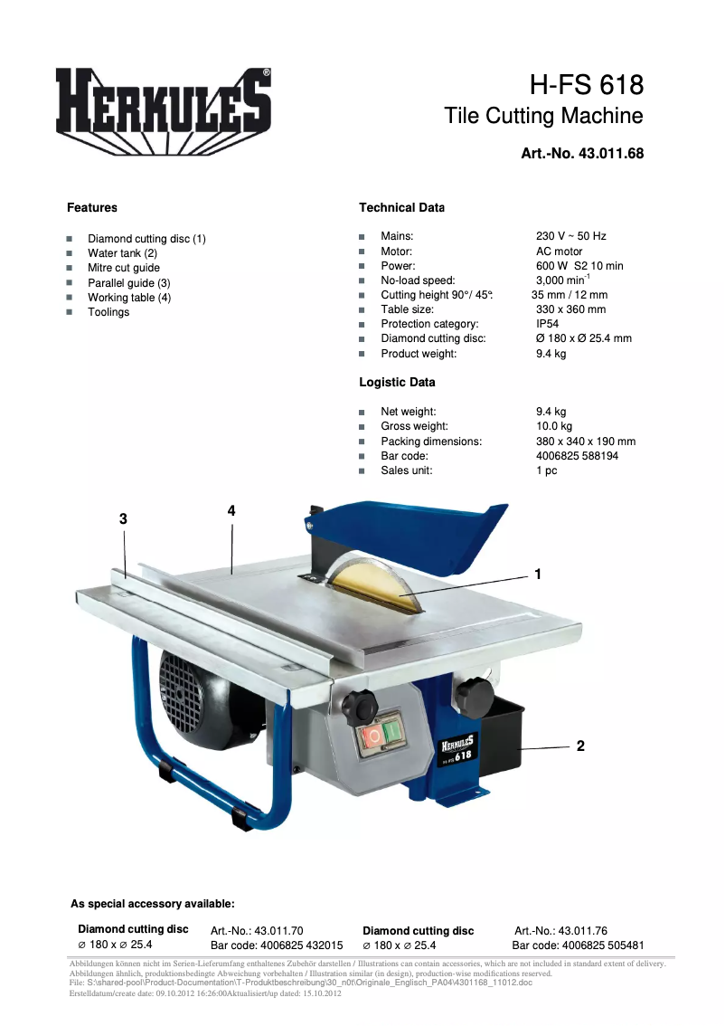 Page 1 de la notice Fiche technique Herkules H-FS 618