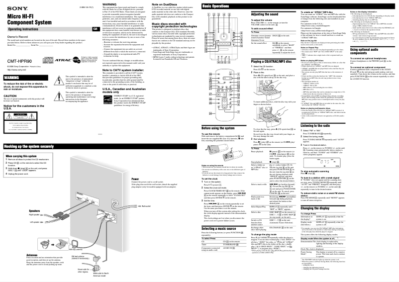 Page 1 de la notice Manuel utilisateur Sony CMT-HPR90