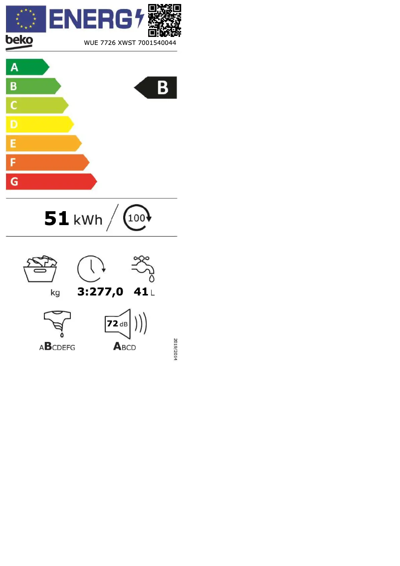 Page 1 de la notice Label énergétique Beko WUE 7726 XWST